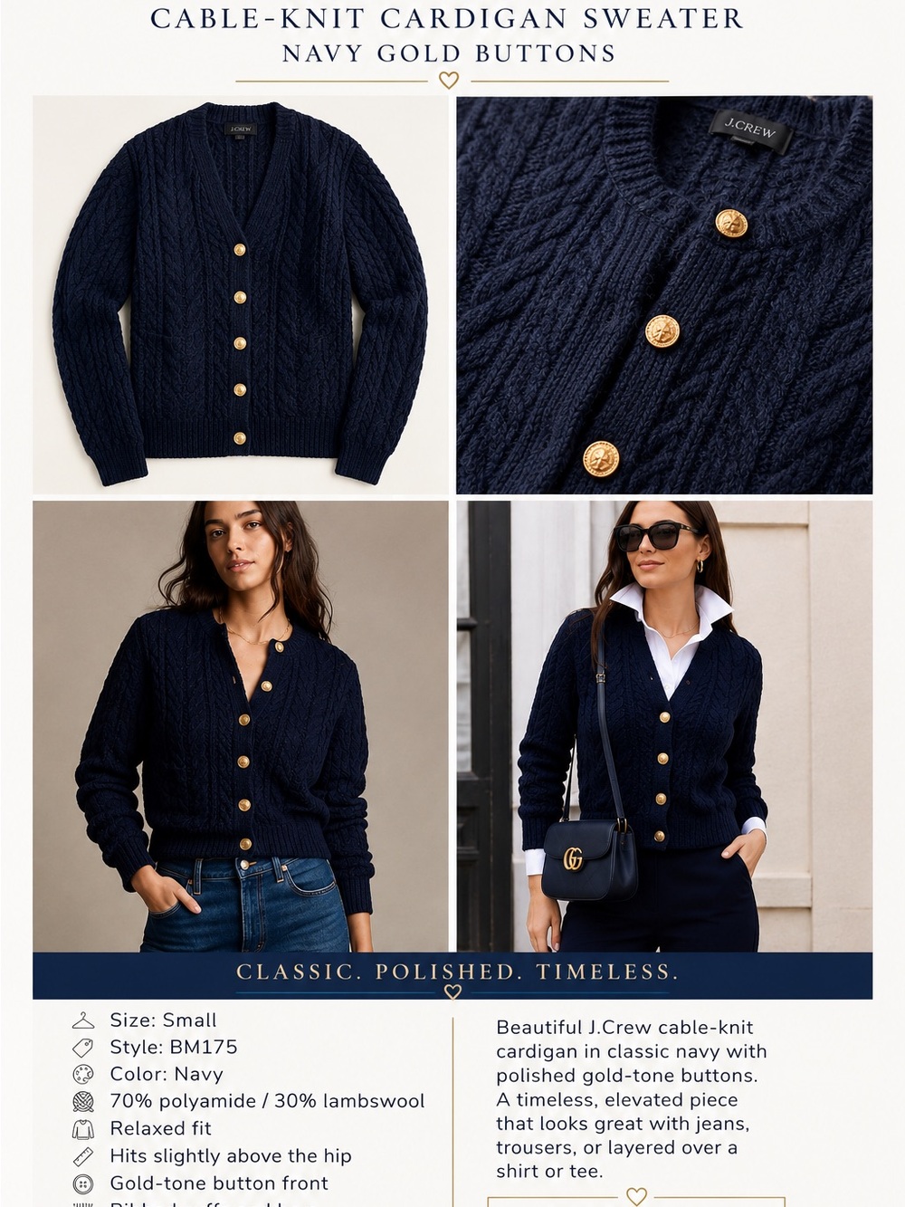 J. Crew Navy Cable-Knit Cardigan with Gold Buttons